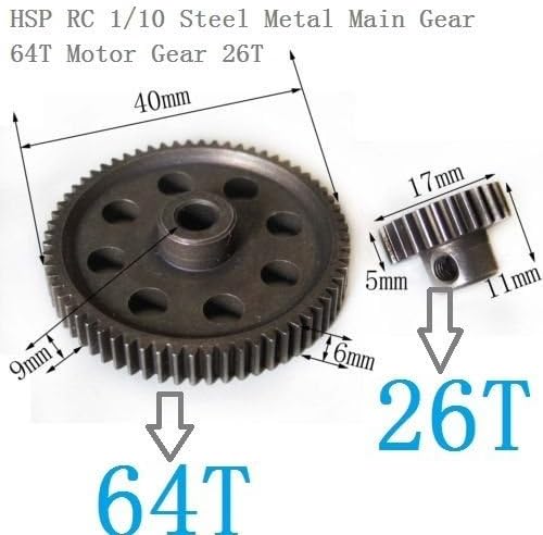 HSP RC 1/10 11184 &amp; 11176 Differential Steel Metal Main Gear 64T Motor Gear 26T