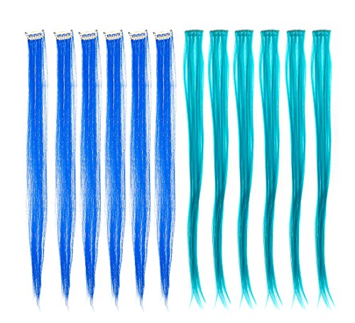 SWACC 12 Pcs Multi-Colors Party Highlights Clip on in Hair Extensions Colored Hair Streak Synthetic Hairpieces (22-Inch Straight, 6 Pcs Teal + 6 Pcs Blue)