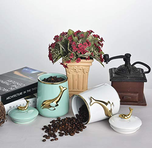 MASMOY Ceramic Storage Jar Skipping Dolphin Canister with Airtight Ceramic Lid, 27.05 FL OZ (800ML) Light BLue Container for Home Serving for Whole Bean Coffee, Pasta, Sugar and More