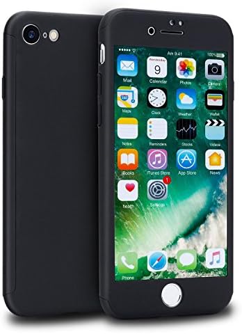 iPhone 7 Case,Xstyle 360 Full Body Protection Hard Slim Case Coated Non Slip Rubber Surface with Tempered Glass Screen Protector for Apple iPhone7 (4.7-inch) (Glossy Black)