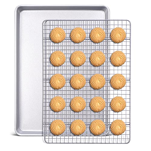 Baking Sheet with Rack Nonstick - HONGBAKE Commercial 13'' X 18'' Baking Pan with Wire Rack, Bacon Rack for Oven Includes A Durable Half Cookie Sheet Pan and A Cooling Rack, Space Silver