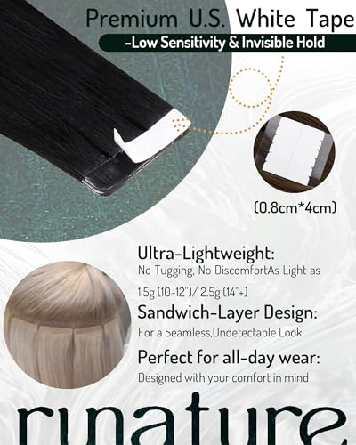 RUNATURE Black Adhesive Extensions Natural Hair Extensions Human Hair Black Adhesive Extensions Natural Hair Straight 30 Inches/75 cm 20pcs/50g #1