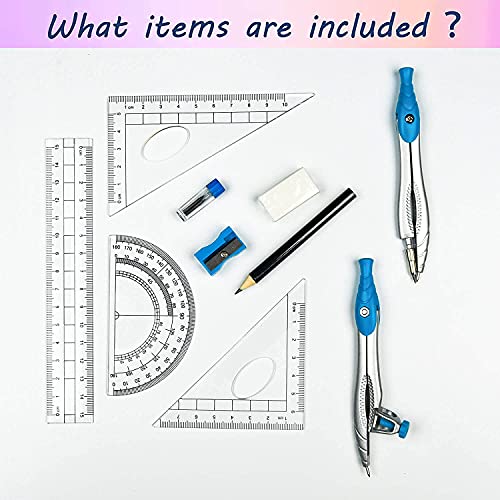 Lifreer Math Compass for Geometry Set,10 Pcs Student Geometry Box Includes Storage Box, Rulers, Protractor, Compass, Eraser, Sharpener, Lead Refills, Pencil for Drafting and Drawings（Blue）
