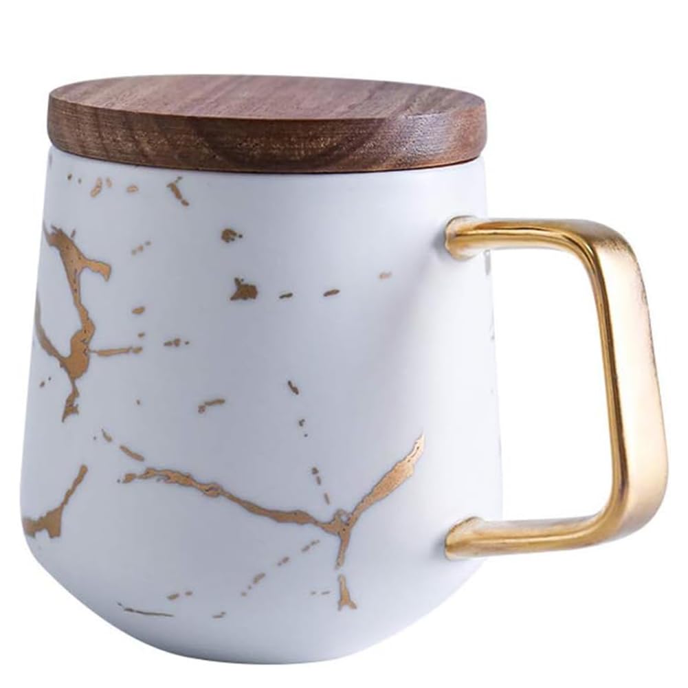 LIBFITH Coffee Mug Tea Cup Ceramic Cup with Wooden Plate Gold Design (White with Cover)
