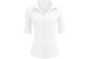 HOTOUCH Women's Basic Button Down Shirts 3/4 Sleeve Stretch Button Up Dress Shirt Slim Fit Waitress Work Shirts