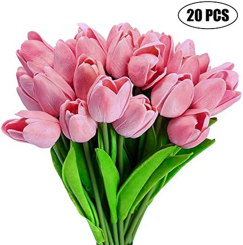 Gooteff Artificial Flowers Set of 20 Pcs Silk Tulip Flower Bouquet Natural Touch Plants for Wedding Party Home Hotel Event Decoration (Pink)