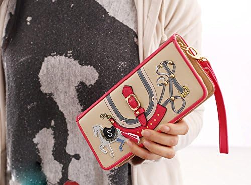 Big Capacity Long Horizontal Clutch Bag Single Zipper Three-layered Stitched Patter Rivet Horse Wallet Purse Billfold Cell Phone Pouch Cover with 8 Card Slots &amp; 3 Paper Money Pockets &amp; 1 Zipper Coin Pocket (Rose Red)