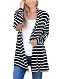 MerryfunWomen's Shawl Collar Striped Cardigan Long Sleeve Elbow Patch Open Front Sweater top,BK M