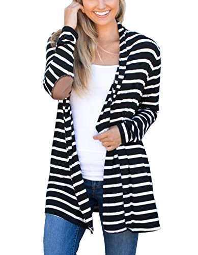 MerryfunWomen's Shawl Collar Striped Cardigan Long Sleeve Elbow Patch Open Front Sweater top,BK M
