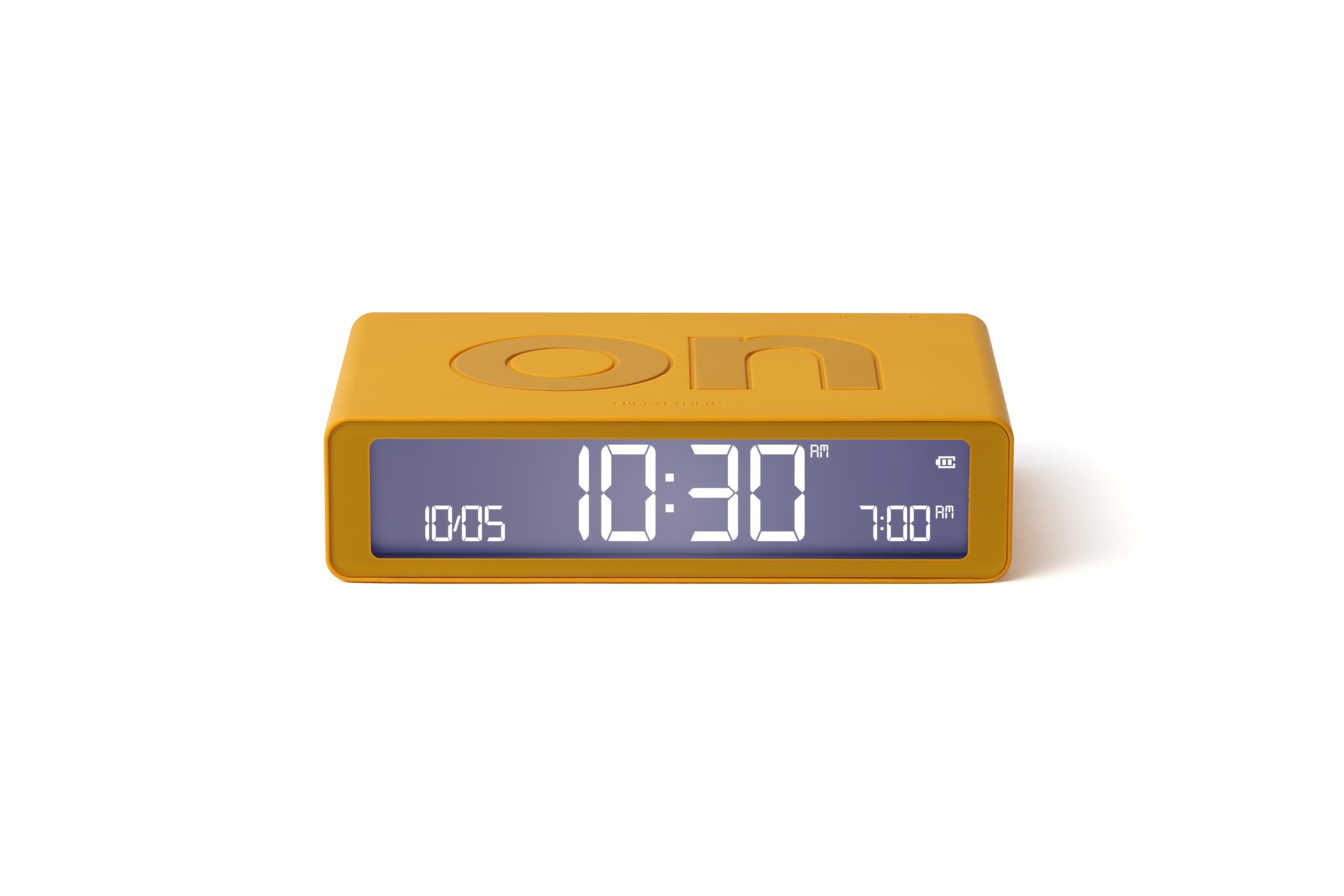 Lexon Flip Classic Digital Alarm Clock with Reversible On/Off Faces, Rechargeable bedside clock with LCD display, Touch Sensor for Snooze & Light function - Yellow