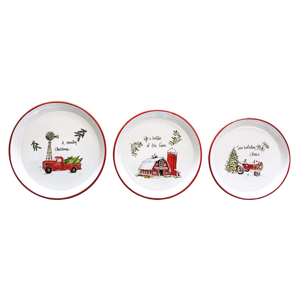 All Chic Set of 3 Enamel Tableware Dinner Plate Enamel Side Salad Serving Bowls White with Red Rim Christmas Plates Dinner Sets Enamel Pie Dish (Red)