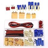 Glarks 76pcs T-Plug / XT60 / XT90 / EC3 / EC5 Male & Female Plug Adapter Connectors Kit [Including: 14 GA Silicone Wire and Shrink Tubing] for RC Lipo Battery Accessories