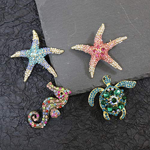 ZUOZUOYA Lovely Sea Animal Lapel Pins for Women - 4Pcs Colorful Crystal Rhinestones Marine Animals as Starfish,Seahorse,Sea Turtle Brooch Pins with Gold Tone - Great for Wife,Sisters and Friends