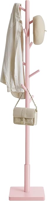 VASAGLE Coat Rack Solid Wood Freestanding Coat Stand 8 Hooks Jelly Pink