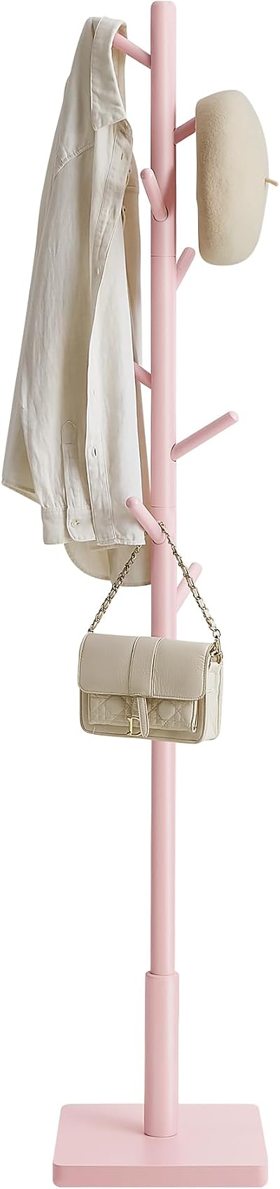 VASAGLE Coat Rack Solid Wood Freestanding Coat Stand 8 Hooks Jelly Pink