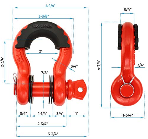 motormic RED D Ring Shackles 2pack - 3/4" Clevis Shackle with 7/8" Pin - Max 57,000 lbs Break Point - 2 Black Isolators and 8 Black Washers - Heavy Duty DRing for Tow Strap and Jeep Towing