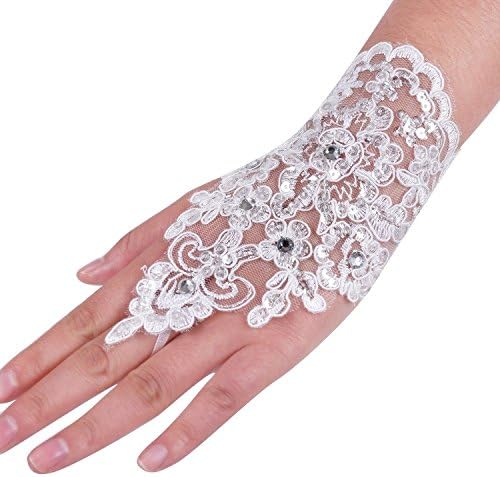 SZ1024 Lace Fingerless Rhinestone Tie Short Bridal Gloves for Wedding Ivory