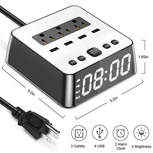 AVOD Alarm Clock Charger 4 USB Ports & 3 AC Outlets, 6ft Power Cord