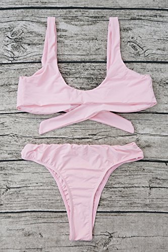 ESONLAR Pink Front Knotted Active Crop Top High Waist Bikini Beachwear for Women L