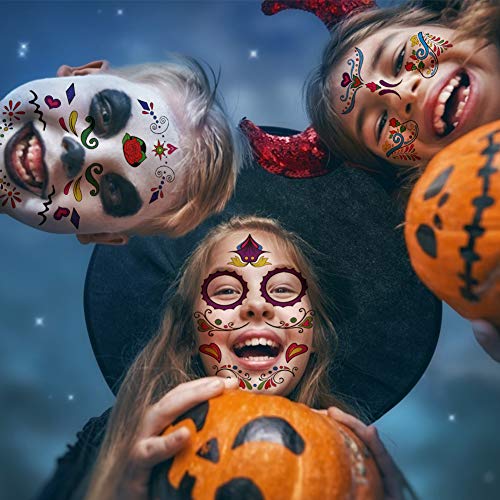 Halloween Headband, 4PCS Day of The Dead Headband Costume Mexican Headpiece with Halloween Temporary Tattoo Stickers for Halloween Masquerade Party Dress up Favor