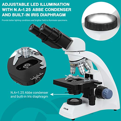 ESSLNB Biological Microscope with Phone Adapter 40X-2000X Binocular Microscope NA1.25 Abbe Condenser X/Y Mechanical Stage