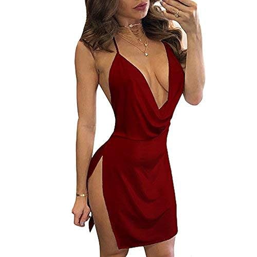 VANCOL Women's Sexy Deep V-Neck Halter Backless Slit Mini Party Club Dress  (M, Dark Red) in Kenya