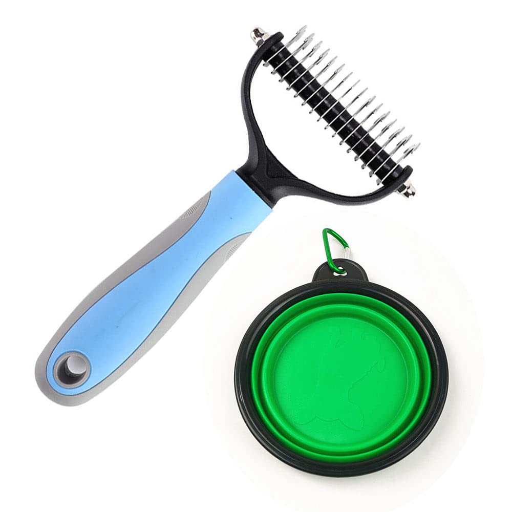Pet Grooming Rake Dog Cat Grooming Brush Portable Dog Bowl Collapsible cat Bowls For Dog And Cat Grooming Rake Comb Brush For Dogs Cats With Long Thick Hair Pet Safe Dematting Comb (Blue)