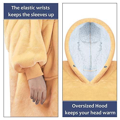 Blanket Sweatshirt, Super Soft Warm Cozy Wearable Sherpa Hoodie for Teens, Boys, Girls, Youth, Kids (7-15yr), Oversize, Reversible, Hood & Large Pocket, One Size, Camel