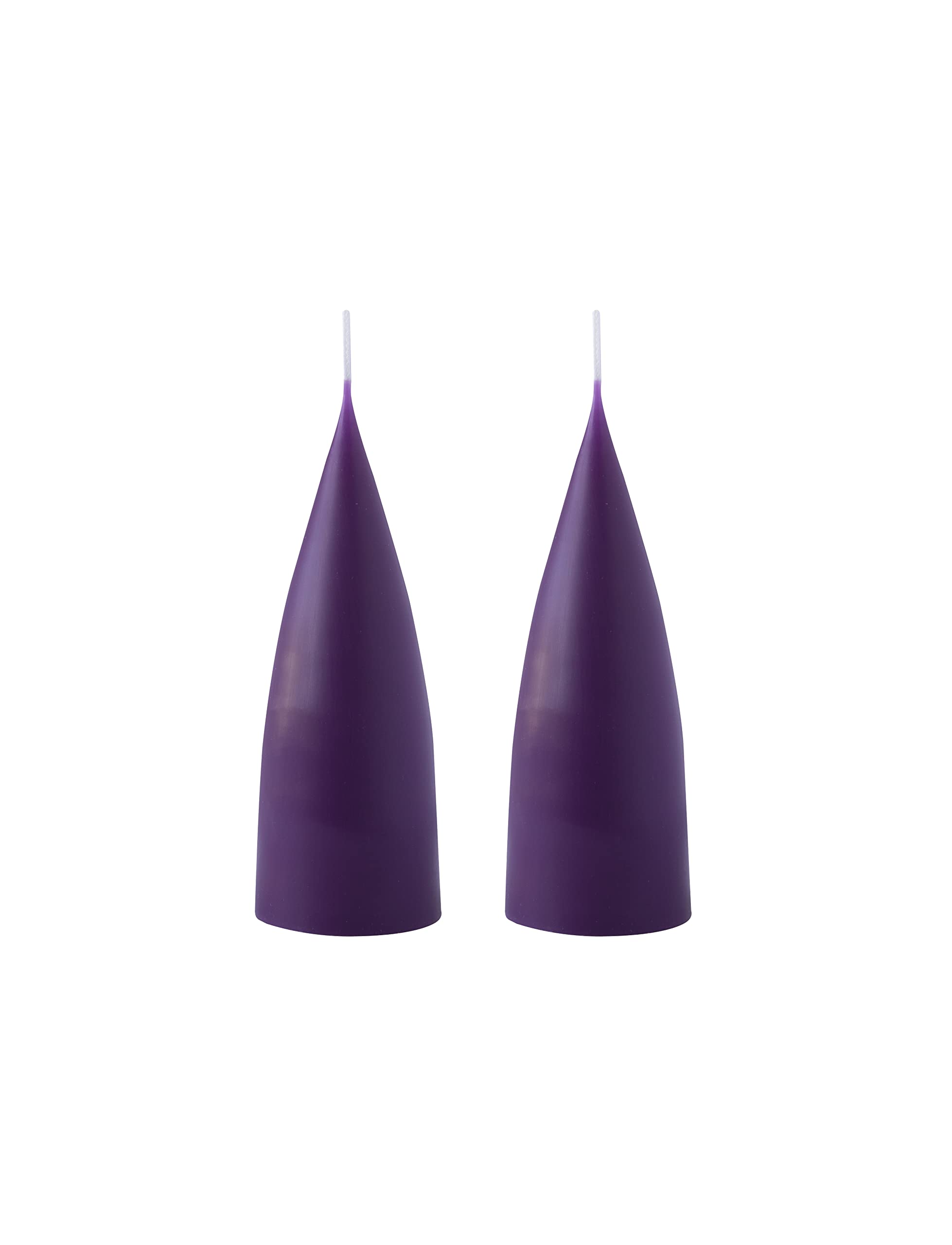 Kunstindustrien® Cone Shaped Candles, Made in Denmark, 43 colours available, Dripless & Smokeless Pillar Candles, Candles long burning 15 hours, Unscented Candle gift set, 2pcs. 6.5 x 16cm (Violet)