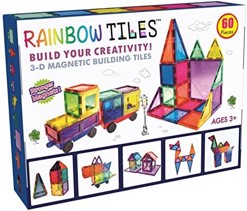 Rainbow Tiles 3D Magnetic Tiles - Magnetic Building Blocks 60 Piece w/ 2 Train Cars and Idea Book - Clear Colorful Shapes, Large Magnets - Construction Playboard Educational STEM Toy for Kids Toddlers