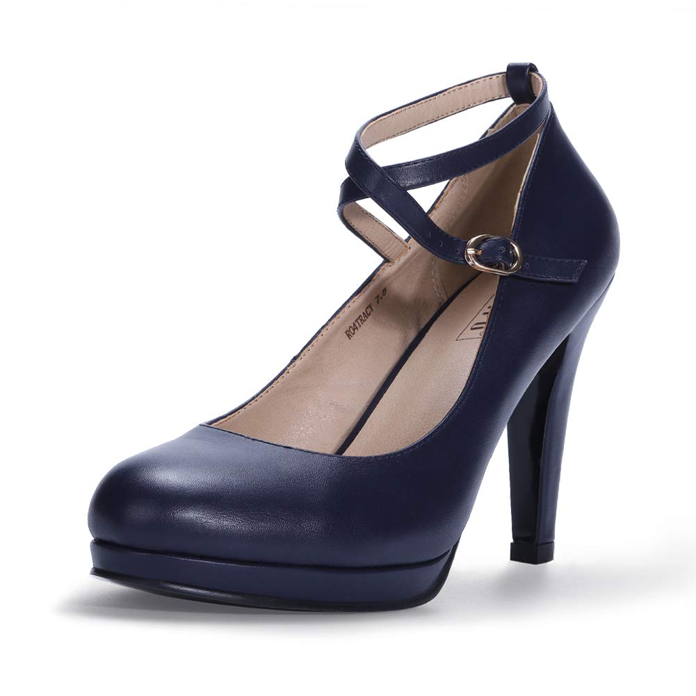 IDIFU Women's Tracy Platform High Heels Closed Toe Pumps Strappy Cross Ankle Strap Shoes for Casual Work Wedding