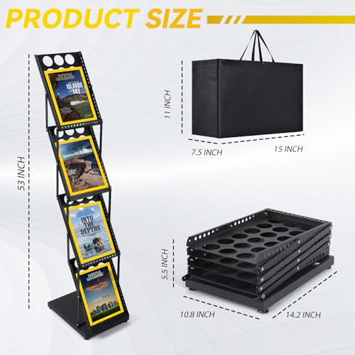 LEPump Literature Catalog Rack, Foldable Magazine Brochure Display Stand, Magazine Floor-Standing with Portable Oxford Bag, for Office Store and Exhibition Trade Show (4 Pockets) (Black)