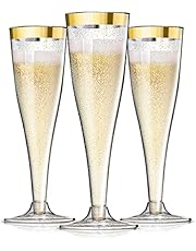 24 Plastic Champagne Flutes Disposable | Gold Rim Gold Glitter Plastic Champagne Glasses for Parties | Clear Plastic Cups | Plastic Toasting Glasses | Mimosa | Wedding and Shower Party Supplies