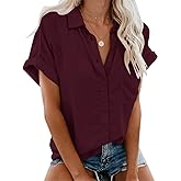 IPMQ Womens Button Down Shirts Short Sleeve Linen Style Cotton Collared Button Up Casual Blouses Oversized Tops with Pocket