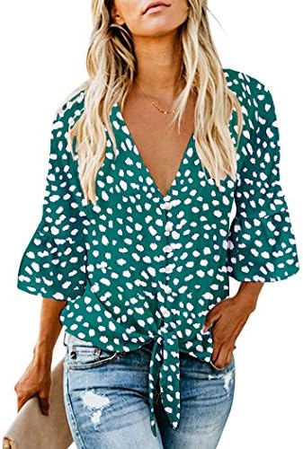 Kancystore Womens Button Down V Neck Tie Knot Front Tops 3/4 Sleeve Chiffon Casual Blouse Shirts 1 Kancystore Womens Button Down V Neck Tie Knot Front Tops 3/4 Sleeve Chiffon Casual Blouse Shirts