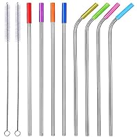 ALINK 10.5" Long Stainless Steel Straws, Set of 8 Reusable Replacement Metal Straws with Silicone Tips and Cleaning Brush