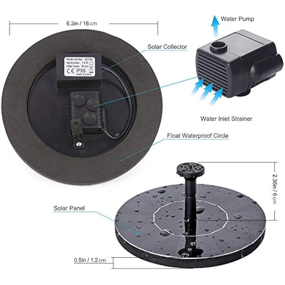 Airkoul Solar Fountain, Panel Kit Water Pump, Outdoor Submersible