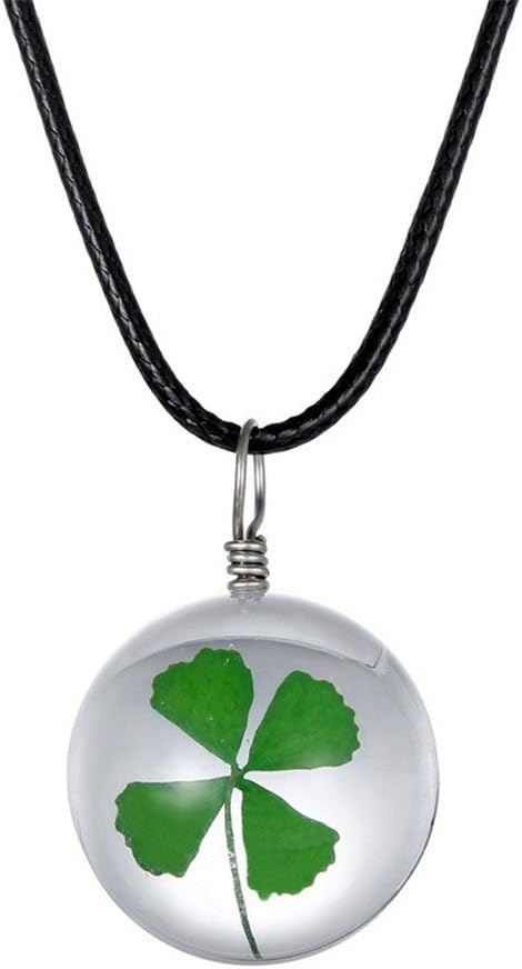 PAMTIERWomen's Dried Pressed Flower Four Leaf Clover Pendant Peach Blossom Glass Necklace Leather Chain