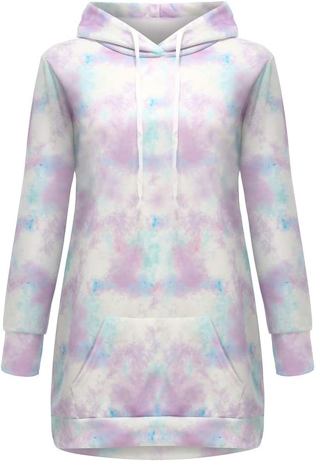 Long Hoodie Dress Women, Tie-Dyed Hooded Sweatshirt Dress Fleeced Jumper Dress Winter Warm Cute Girls School Casual Hoodies