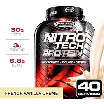 MuscleTech NitroTech Protein Powder Plus Muscle Builder, 100% Whey Protein with Whey Isolate, Vanilla, 40 Servings (4lbs)