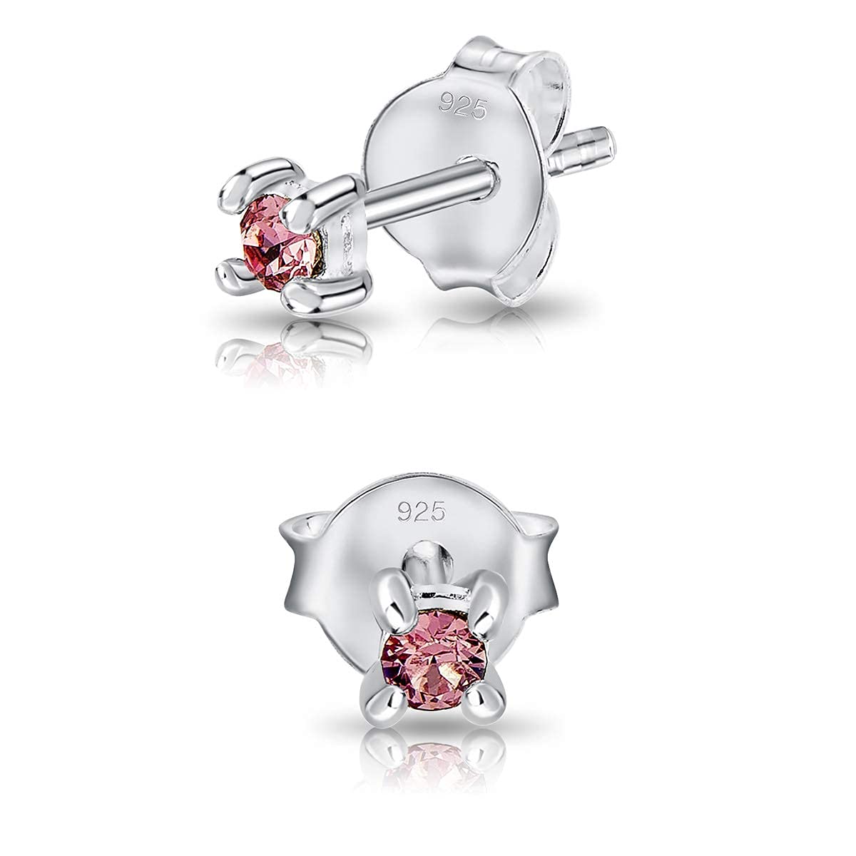 DTPSilver - 925 Sterling Silver Round TINY Stud Earrings made with Glittering Crystals from Swarovski® Elements - Diameter: 2 mm - Colour : Light Rose