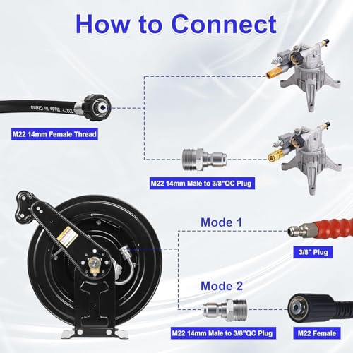 Pressure Washer Hose Reel Auto Shrink Hose Reel Heavy Duty Steel Pressure Washer Hose 20m Double Arm Reel 4000PSI