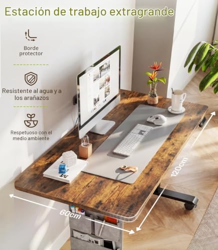MAIDeSITe Height Adjustable Electric Lift Table, 120 x 60 cm Standing and Sitting Table with Cable Tray, Hook and Storage Pockets, Lift Table with Memory Controller