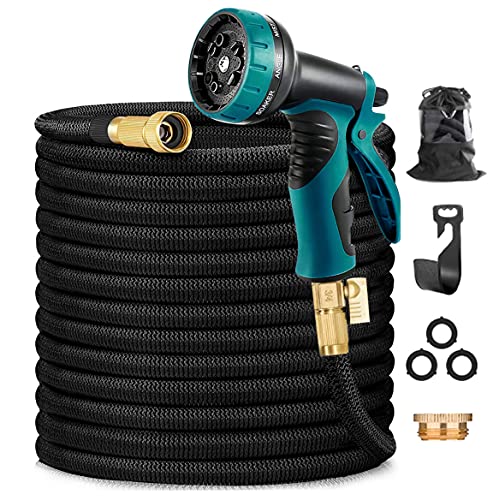 COOLPEEN 100ft Expandable Garden Hose, Flexible Water Hose with 10 Function Water Spray Nozzle, Leakproof, Retractable Hose Pipe with 1/2" Solid Brass Connector and Storage Bag, Black