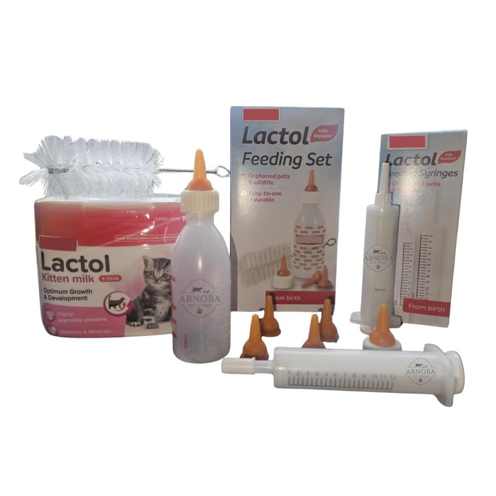 Kitten Feeding Set - 250g Lactol Kitten Milk Powder + 2 feeding syringes different sizes, 1 bottle, cleaning brush and spare teat/nipples. Newborn Kitten Nursing & Hand-Rearing Kit - Abnoba Pet Store
