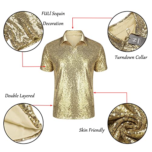 ASTOSEU MENS 70S DISCO SHINY SEQUINS SHORT SLEEVE TURNDOWN SPARKLE NIGHTCLUB PARTY POLO T-SHIRT TOPS LIGHT CHAMPAGNE S