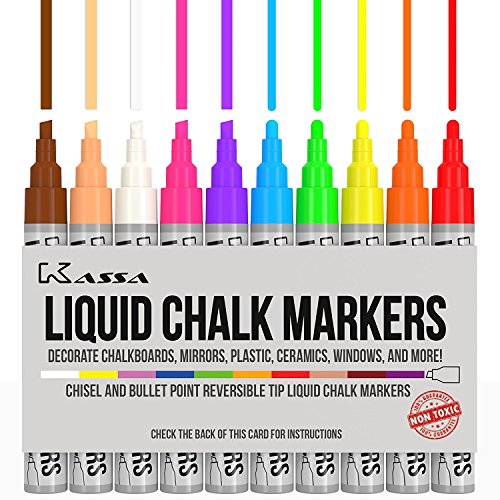 Kassa Liquid Chalk Markers - 10 Pack Chalkboard Pens - for Blackboard, Glass, Bistro Board, Window & Mirror - Erasable Bright Colored Chalks - Dustless & Non Toxic - Double Sided Chisel & Bullet Tip