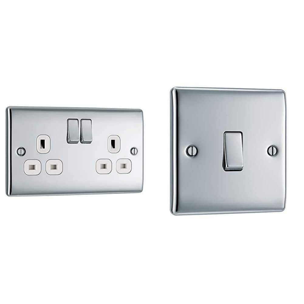 BG Electrical Double Switched Power Socket with White Inserts, Polished Chrome, 13 Amp & Electrical Single Light Switch, Polished Chrome, 2-Way, 10AX