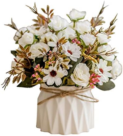 Oyfel Artificial Flowers in Vase Fake Daisy Roses Blossoms Silk Flowers Porcelain Vase Home Garden Decor 16 * 16cm