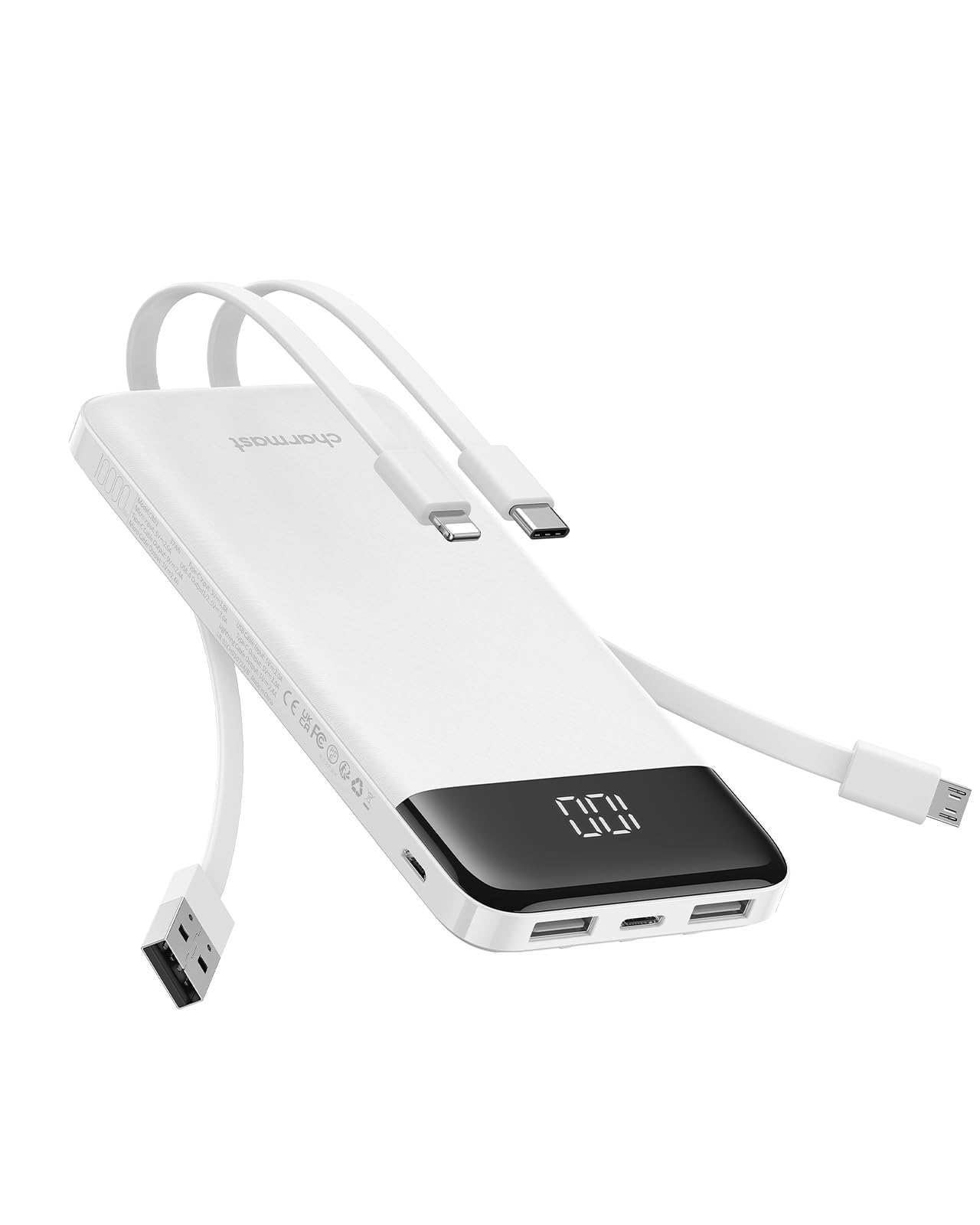 charmast Portable Charger with Built in Cables, 10000mAh Slim Power Bank, 15W USB C in&Out Port High Speed Charging External Charger, Battery Pack Compatible with iPhone 16 15 13 Samsung Google iPad